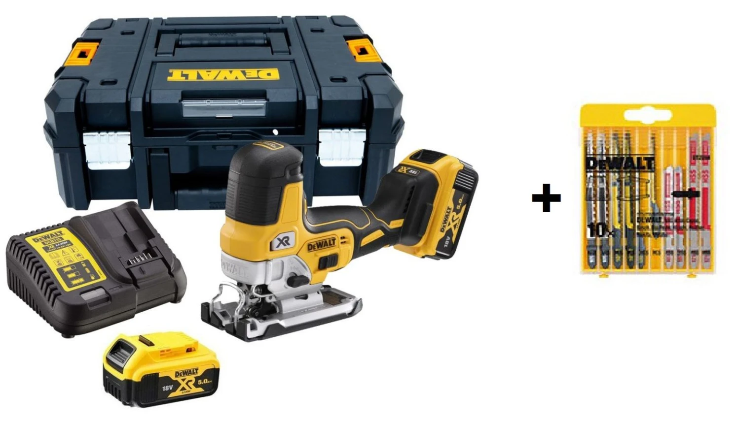 DeWALT DCS335P2 18V XR Li-Ion Accu Decoupeerzaag Set (2x 5.0Ah Accu) In TSTAK Met 10-delige Decoupeerzaagbladenset 1 DeWALT DCS335P2 18V XR Li-Ion Accu Decoupeerzaag Set (2x 5.0Ah Accu) In TSTAK Met 10-delige Decoupeerzaagbladenset